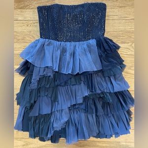 ALICE + OLIVIA Silk Beaded Strapless Ruffled Tiered Skirt Mini Navy Blue Dress
